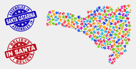 Module Santa Catarina State map and blue Assembled seal stamp, and I Believe in Santa distress stamp. Bright vector Santa Catarina State map mosaic of puzzle parts.