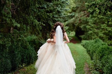 Obraz na płótnie Canvas Portrait of beautiful bride in beige wedding dress with modern curly hairstyle running on garden, back view. Wedding concept