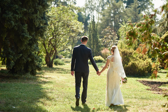 Happy bride and groom holding hands and walking in garden on wedding day. Wedding couple in love, newlyweds, copy space