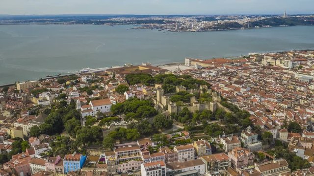 [Hyper Lapse] St. George castle, Lisbon, Portugal, 4k aerial drone skyline view timelapse