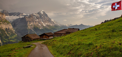 Swiss beauty, flag, road to chalets on meadows above Grindelwald,Bernese Oberland,Switzerland,Europe