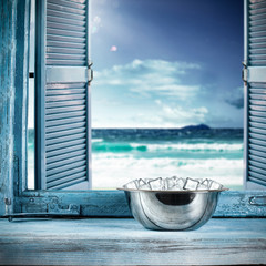 Fototapeta na wymiar Wooden blue retro window sill and free space for your decoration. Summer time and sea landscape 