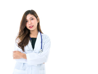 Asian woman practitioner doctor portrait in white gown uniform with navy blue stethoscope and smiling with confident isolated on white background