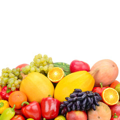Fruits and vegetables isolated on a white background. Free space for text.