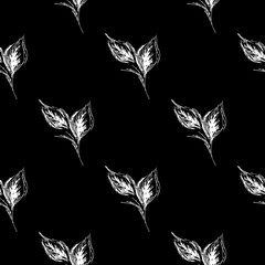 Fototapeta premium Outline doodle seamless leaves in line art style on black background. Outline floral seamless pattern. Cute simple design. Hand drawn style pattern. Vector illustration art