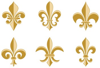 Goldene Fleur-de-lys Symbole als vektor. Verschiedenen Variationen auf einem isolierten weißen hintergrund Set von Lilien symbolen, verwendbar für alle heraldischen Anforderungen. © languste15
