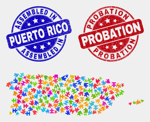 Constructor Puerto Rico map and blue Assembled stamp, and Probation grunge seal stamp. Colored vector Puerto Rico map mosaic of puzzle bricks. Red round Probation stamp.