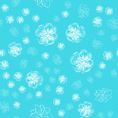 Seamless hand drawn pattern of abstract rose flowers isolated on blue background. Vector floral illustration. Outline floral seamless pattern. Outline
