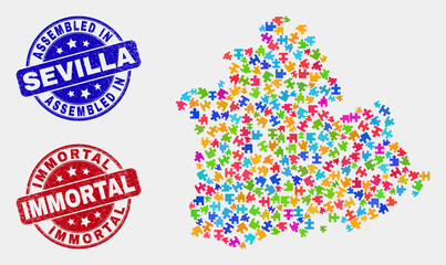 Assemble Sevilla Province map and blue Assembled seal stamp, and Immortal distress seal stamp. Colorful vector Sevilla Province map mosaic of bundle elements. Red round Immortal stamp.