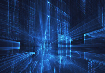 Abstract 3D fractal background, 3D illustration. Virtual Neon City