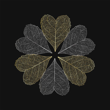 Beautiful background with gold and silver  leaves the form of hearts . Vector illustration.