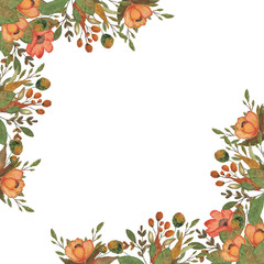 Bright watercolor floral frame with different herbal elements for invitations, greeting cards an other decorations. Autumn flower frame.