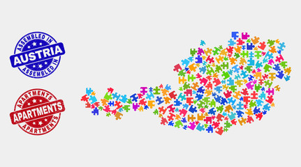 Puzzle Austria map and blue Assembled seal, and Apartments distress seal. Colorful vector Austria map mosaic of puzzle. Red round Apartments stamp.
