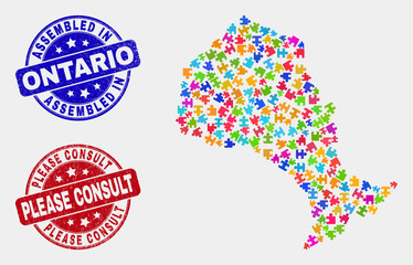 Component Ontario Province map and blue Assembled seal stamp, and Please Consult grunge seal stamp. Colorful vector Ontario Province map mosaic of puzzle items. Red round Please Consult imprint.