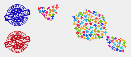 Module Tahiti and Moorea islands map and blue Assembled stamp, and Illegal Evidence textured seal stamp. Bright vector Tahiti and Moorea islands map mosaic of puzzle parts.