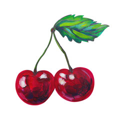 Painted cherries acrylic colors on an isolated background.
