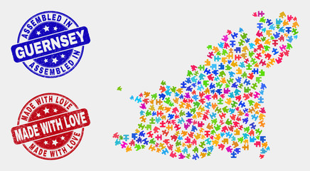 Constructor Guernsey Island map and blue Assembled seal, and Made with Love distress seal stamp. Colored vector Guernsey Island map mosaic of plugin components. Red round Made with Love seal.