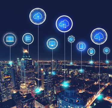 Cloud computing with aerial view of Manhattan, NY skyline