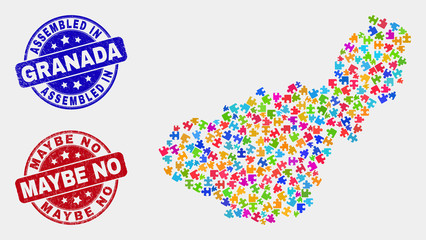 Assemble Granada Province map and blue Assembled stamp, and Maybe No distress stamp. Colorful vector Granada Province map mosaic of puzzle elements. Red round Maybe No stamp.