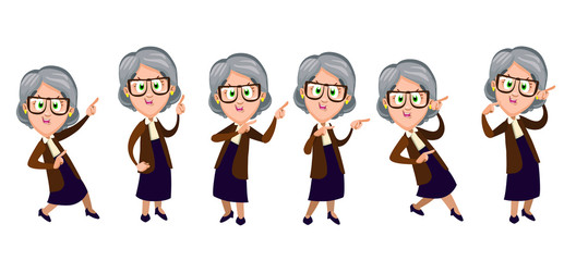 Set with friendly elderly woman in brown knitted jacket and skirt pointing the finger at something. Senior lady, pensioner making a choice. Vector cartoon clip art isolated on white background.