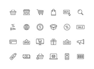 Set of 24 E-commerce and shopping web icons in line style. Mobile Shop, Digital marketing, Bank Card, Gifts. Vector illustration.