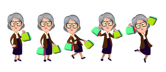 Set with senior lady keeping a lot of shopping bags in hands, standing, going, jumping foy joy. Concept of seasonal sale, discount, shopaholic person. Vector cartoon on white background.