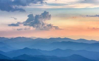 Dramatic Sunset along Blue Ridge Parkway with View of Smoky Mountains