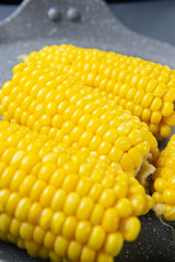 Fresh cooked yellow corn cobs lie on a gray dish