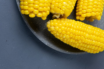 Fresh cooked yellow corn cobs lie on a gray dish