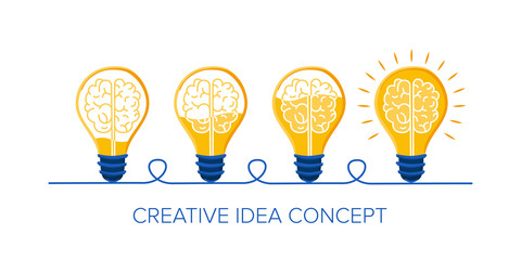 Brain in light bulb. Business success concept. New, creative or innovation idea. How a new thought appears. Vector flat illustration.