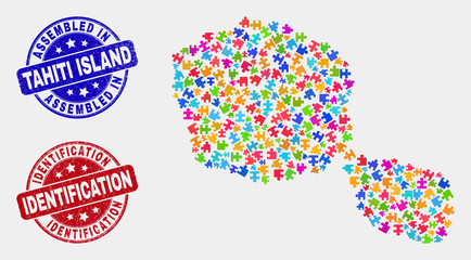 Constructor Tahiti Island map and blue Assembled stamp, and Identification grunge seal stamp. Colored vector Tahiti Island map mosaic of bundle. Red rounded Identification stamp.