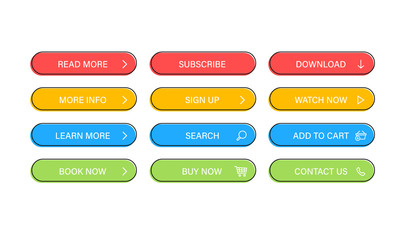 Big collection buttons Read More, learn more, download, subscribe, buy now, sign up, search, conatact us. Different colorful button set. Web icons. Vector illustration.