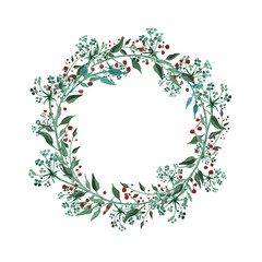 Watercolor wreath with wildflower, herbs, leaf. collection garden, wild foliage, flowers, branches. illustration isolated on white background.