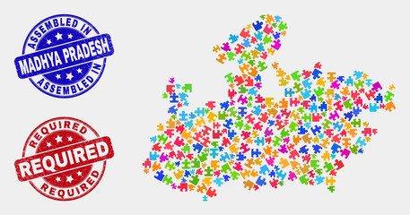 Bundle Madhya Pradesh State map and blue Assembled seal stamp, and Required distress seal stamp. Bright vector Madhya Pradesh State map mosaic of plugin bricks. Red round Required rubber.