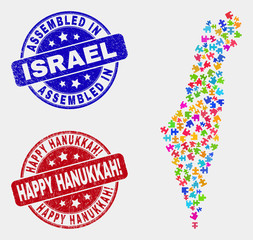 Module Israel map and blue Assembled seal stamp, and Happy Hanukkah! scratched seal stamp. Colorful vector Israel map mosaic of bundle components. Red rounded Happy Hanukkah! rubber.