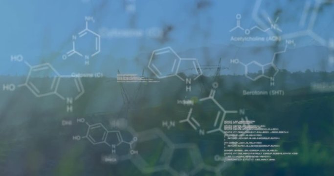 Chemical structures with program codes and a background of grasses and transmission towers in a fiel