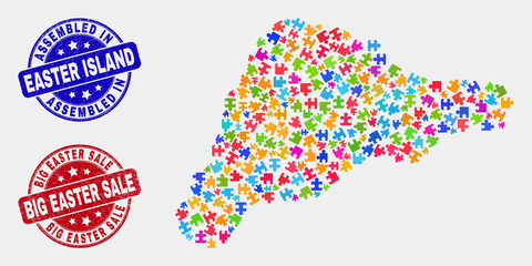 Assemble Easter Island map and blue Assembled stamp, and Big Easter Sale grunge seal stamp. Colored vector Easter Island map mosaic of bundle bricks. Red rounded Big Easter Sale seal.