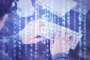 Double exposure of tech drawings with hands working on computer background. Concept of innovation.