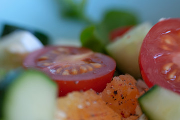 salad with tomato cucumber and eggs close-up