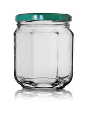 Empty glass jar with sides closed by a metal cover with reflection. Isolated on a white background