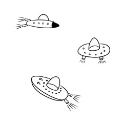 Three different UFO vehicles sketching vector illustration
