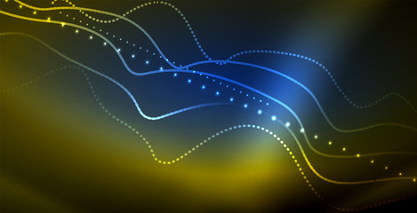 Glowing abstract wave on dark, shiny motion, magic space light. Techno abstract background