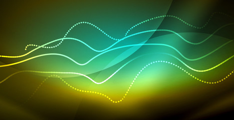 Glowing abstract wave on dark, shiny motion, magic space light. Techno abstract background