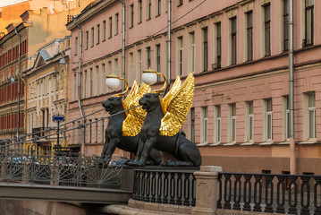 Fototapeta premium Griffins on the Bank bridge over the Griboyedov canal in St. Petersburg. Russia