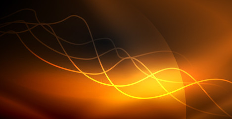 Glowing abstract wave on dark, shiny motion, magic space light. Techno abstract background