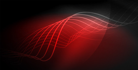 Glowing abstract wave on dark, shiny motion, magic space light. Techno abstract background