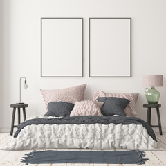 Mockup bedroom interior in the Scandinavian style. 3d render. Mockup poster