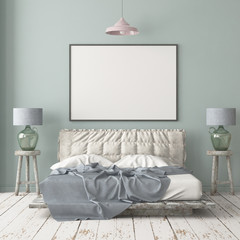 Mockup bedroom interior in the Scandinavian style. 3d render. Mockup poster