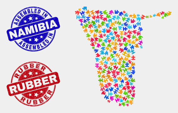 Element Namibia map and blue Assembled stamp, and Rubber scratched seal stamp. Colorful vector Namibia map mosaic of puzzle connectors. Red round Rubber stamp.