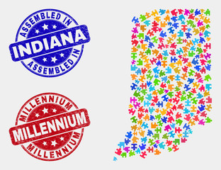 Module Indiana State map and blue Assembled seal stamp, and Millennium distress seal stamp. Colorful vector Indiana State map mosaic of plug-in parts. Red rounded Millennium seal.